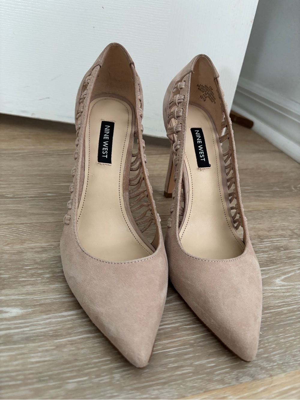 Nine West Nude Blush Suede Pointed-Toe Heels with Woven Sides